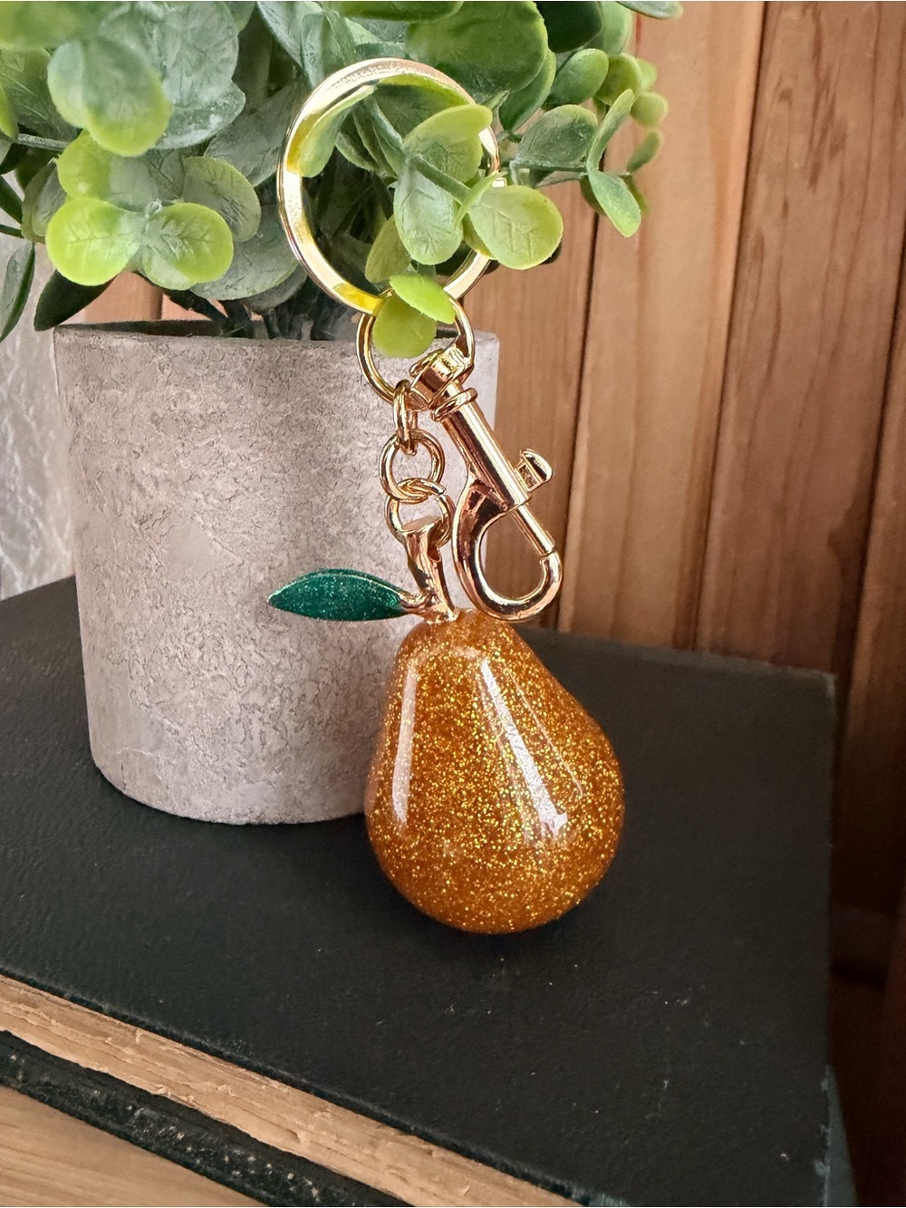 Golden Glitter Pear Keyring with Green Leaf Accent, Purse Charm